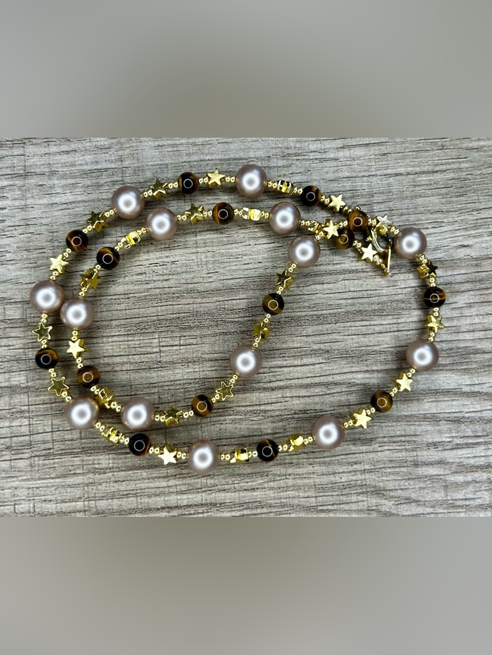 Tigers Eye, Faux Pearl and Gold Star Bead Necklace Handmade